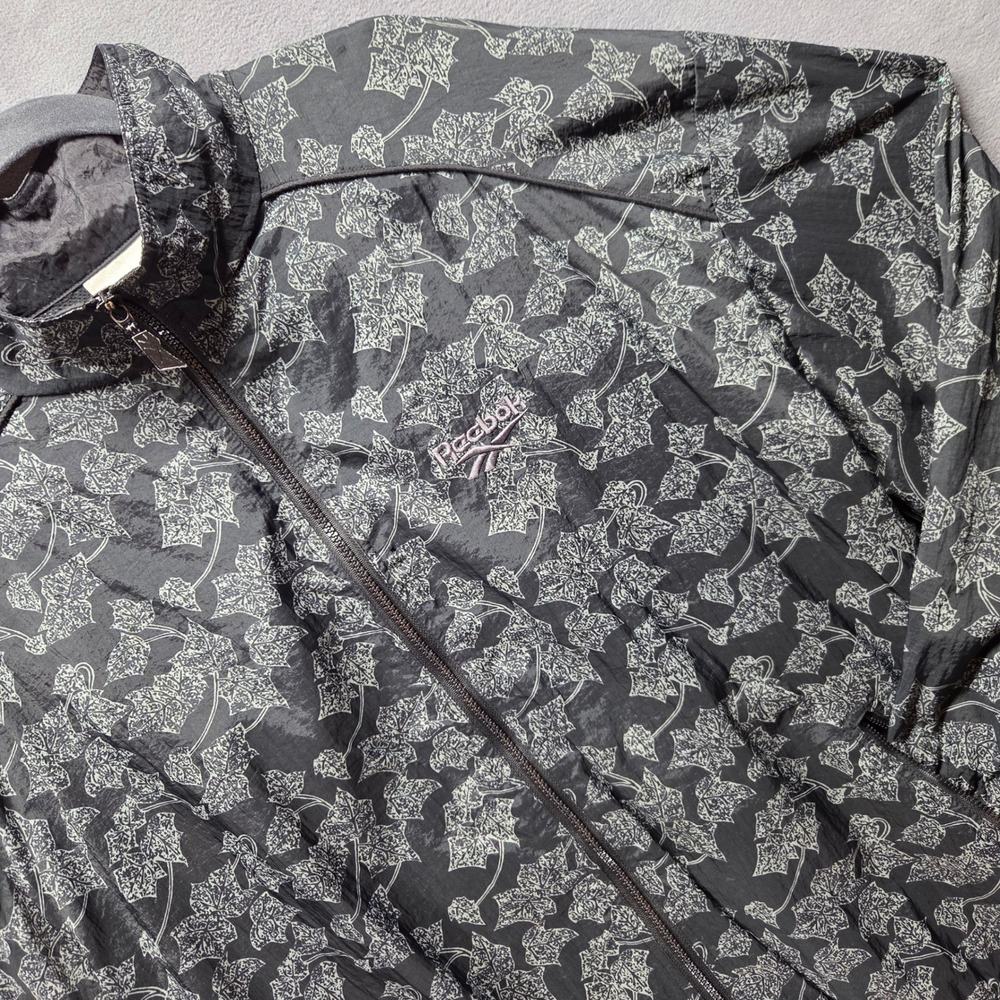 VTG 90s Reebok Windbreaker Track Jacket Large Black Gray Ivy Leaf Full Zip Y2K